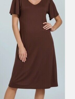 Zenana Brown Lightweight Stretchy V-Neck Flutter Sleeve Midi Dress-S,M,L,XL
